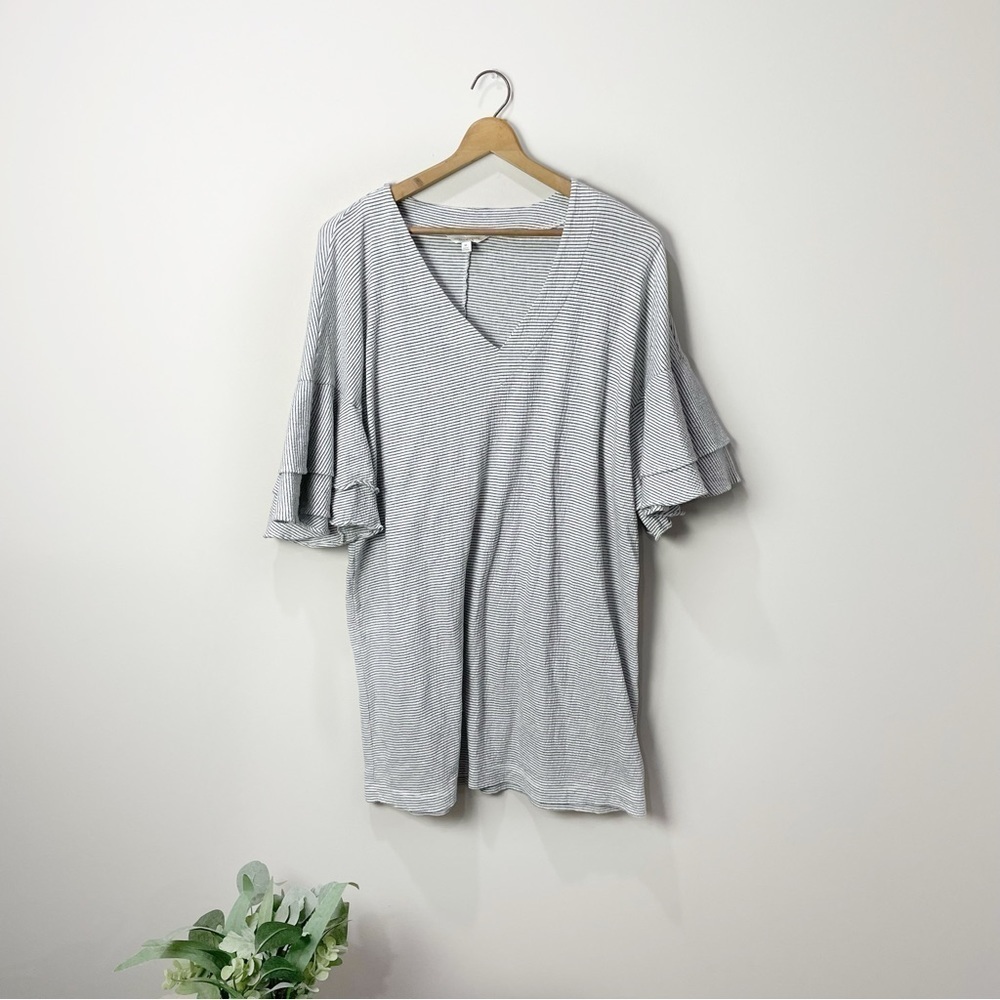 [Lucky Brand] Gray Striped Ruffle Half Sleeve V-neck Mini Dress
